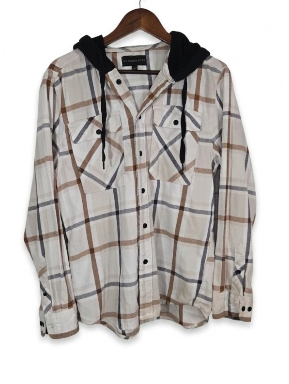 No Boundaries flannel print hooded top